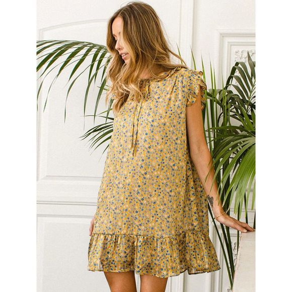 Mustard Sleeveless Shimmer Ruffle Floral Dress - Picture 2 of 4